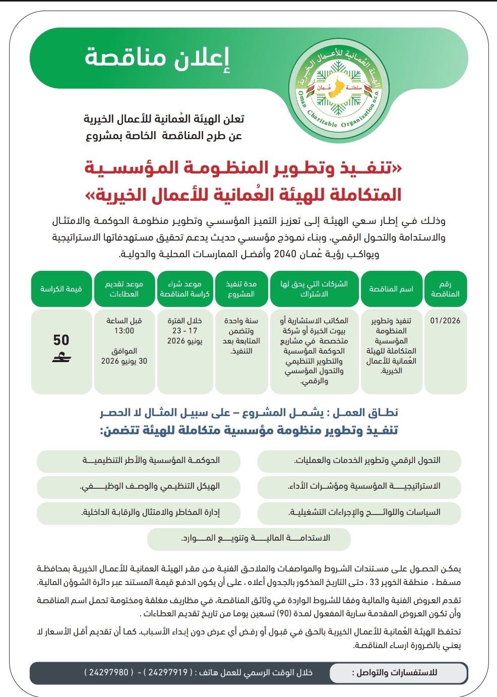 الهيئة العُمانية للأعمال الخيرية تعلن عن طرح المناقصة 01/2026